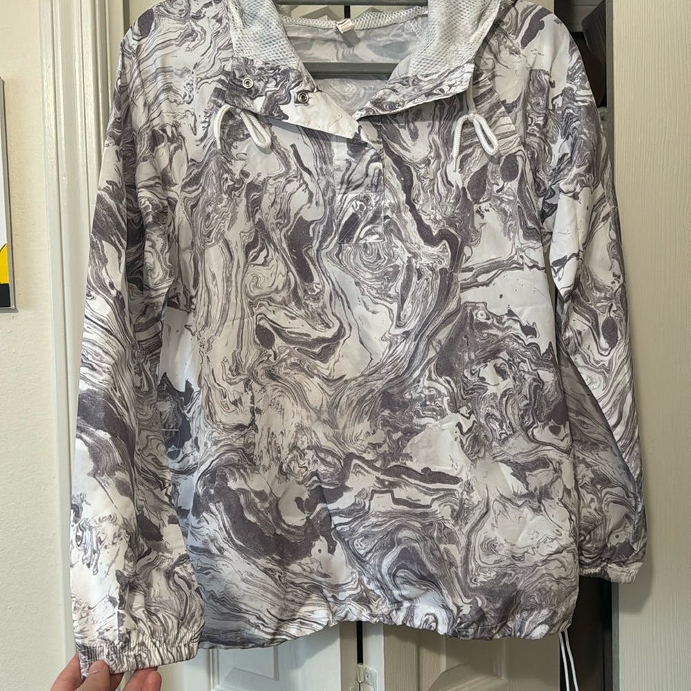 SO M White and Gray Marble Rain Jacket with Hood